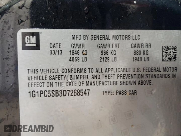 2013 Chevrolet Cruze 1LT with VIN 1G1PC5SB3D7268547, listed as a Copart auction lot 54613205 with 89,973 mi miles and Salvage Title. Bid and sale history available at carsss.com. Image 12.