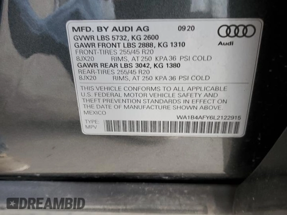 2020 Audi SQ5 Premium Plus with VIN WA1B4AFY6L2122915, listed as a Copart auction lot 69283953 with 21,255 mi miles. Bid and sale history available at carsss.com. Image 13.