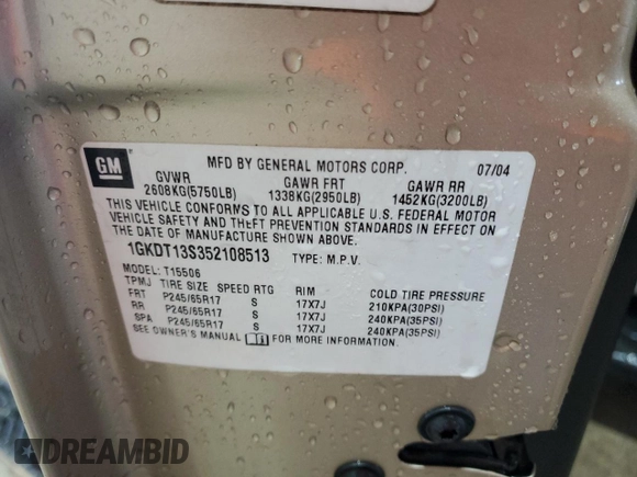 2005 GMC Envoy SLE with VIN 1GKDT13S352108513, listed as a Copart auction lot 51581475 with 160,610 mi miles and Salvage Title. Bid and sale history available at carsss.com. Image 13.