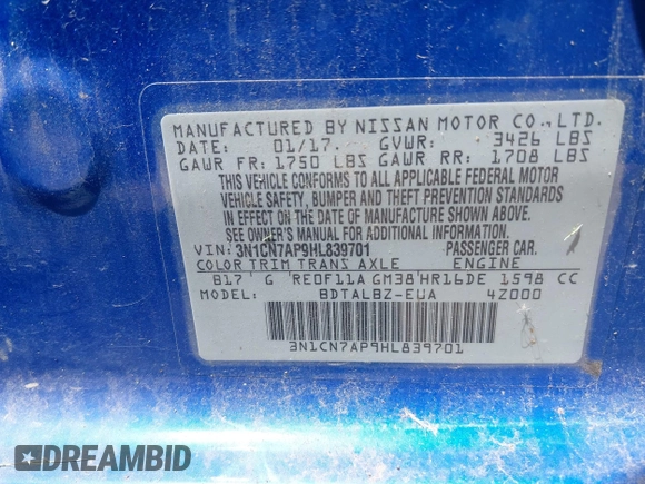 2017 Nissan Versa S Plus with VIN 3N1CN7AP9HL839701, listed as a IAAI auction lot 42677029 with 211,233 mi miles and . Bid and sale history available at DreamBid. Image 9.