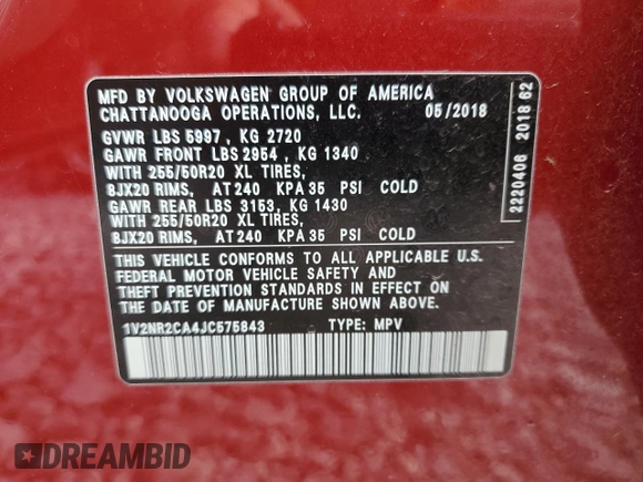 2018 Volkswagen Atlas SEL Premium with VIN 1V2NR2CA4JC575843, listed as a Copart auction lot 54007065 with 114,873 mi miles and Salvage title. Bid and sale history available at DreamBid. Image 13.