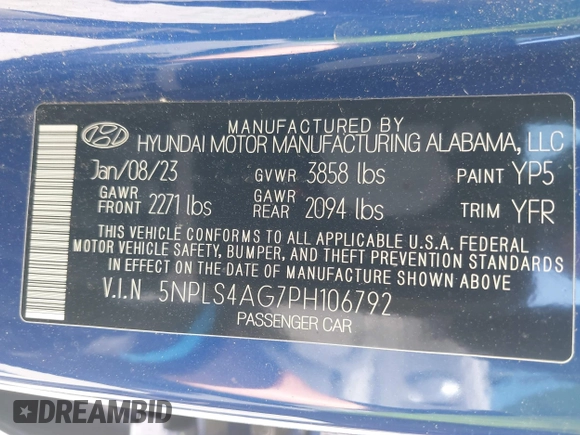 2023 Hyundai Elantra SEL with VIN 5NPLS4AG7PH106792, listed as a IAAI auction lot 41672413 with 34,774 mi miles and . Bid and sale history available at DreamBid. Image 9.