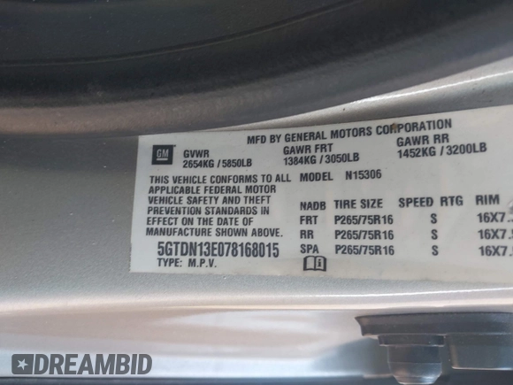 2007 Hummer H3 SUV with VIN 5GTDN13E078168015, listed as a IAAI auction lot 41695489 with 179,056 mi miles and . Bid and sale history available at DreamBid. Image 9.