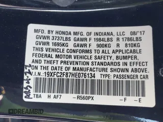 2017 Honda Civic EX with VIN 19XFC2F87HE076134, listed as a IAAI auction lot 41863290 with 61,583 mi miles and . Bid and sale history available at DreamBid. Image 9.