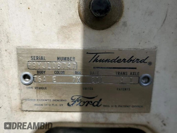 1959 Ford Thunderbird with VIN H9YJ108747, listed as a Copart auction lot 71600864 with 66,285 mi miles and Clean Title. Bid and sale history available at DreamBid. Image 13.