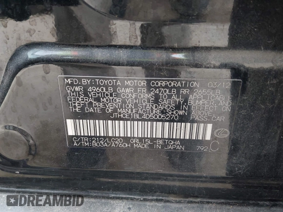 2013 Lexus GS 350 with VIN JTHCE1BL4D5005270, listed as a IAAI auction lot 42057141 with 192,910 mi miles and . Bid and sale history available at DreamBid. Image 9.