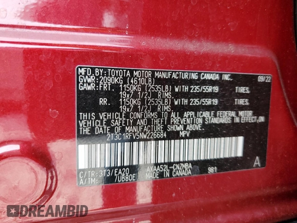 2022 Toyota RAV4 XLE Premium with VIN 2T3C1RFV5NW226684, listed as a Copart auction lot 82759894 with 19,722 mi miles and Salvage Title. Bid and sale history available at carsss.com. Image 13.