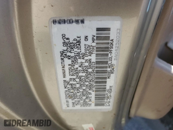 2001 Toyota Sienna LE z VIN 4T3ZF13C01U340313, wystawiony jako Copart lot #57176485 z przebiegiem 137 449 mil mil oraz Szkoda całkowita • Salvage title. Historia ofert i sprzedaży dostępna na DreamBid. Obrazek 13.