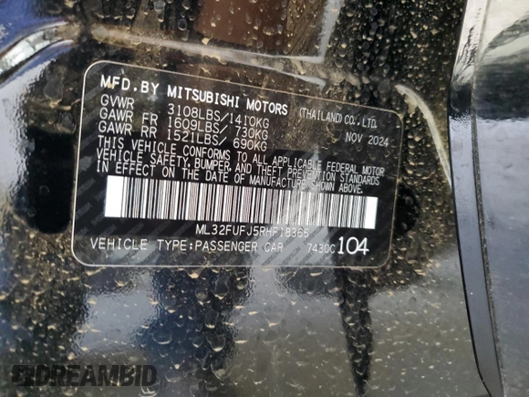 2024 Mitsubishi Mirage ES z VIN ML32FUFJ5RHF18365, wystawiony jako Copart lot #54029955 z przebiegiem 3 175 mil mil oraz Szkoda całkowita • Salvage title. Historia ofert i sprzedaży dostępna na DreamBid. Obrazek 12.