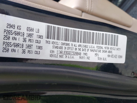 2014 Jeep Grand Cherokee Limited with VIN 1C4RJEBG6EC528840, listed as a IAAI auction lot 42107197 with 186,656 mi miles and . Bid and sale history available at DreamBid. Image 9.