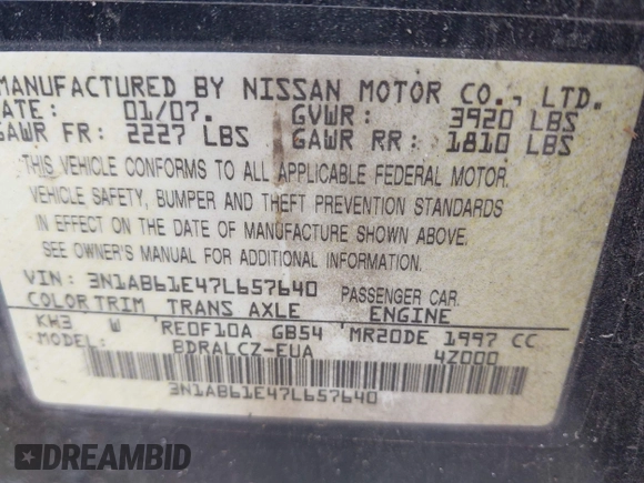 2007 Nissan Sentra S with VIN 3N1AB61E47L657640, listed as a IAAI auction lot 42468403 with 21,555 mi miles and . Bid and sale history available at DreamBid. Image 9.