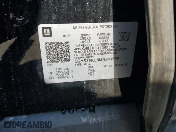 2021 Cadillac Escalade Sport with VIN 1GYS3FKL8MR243559, listed as a Copart auction lot 42533945 with Not provided miles and Salvage title. Bid and sale history available at DreamBid. Image 15.