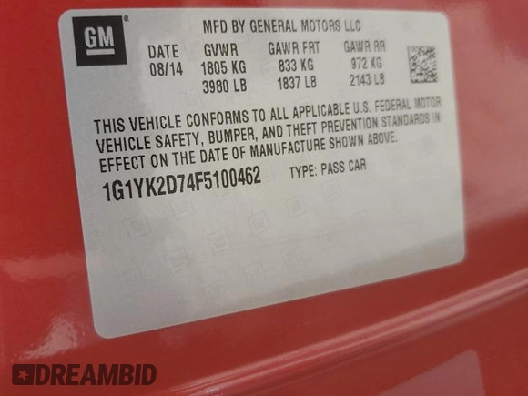 2015 Chevrolet Corvette Z51 2LT with VIN 1G1YK2D74F5100462, listed as a Copart auction lot 69493574 with 18,169 mi miles and Salvage Title. Bid and sale history available at carsss.com. Image 13.