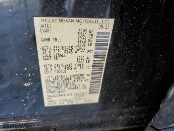 2015 Nissan Murano SV with VIN 5N1AZ2MH4FN270782, listed as a Copart auction lot 88063505 with 138,797 mi miles and Salvage Title. Bid and sale history available at carsss.com. Image 13.