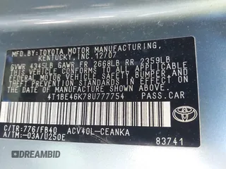 2008 Toyota Camry LE with VIN 4T1BE46K78U777754, listed as a IAAI auction lot 41759841 with 1 mi miles. Bid and sale history available at carsss.com. Image 9.