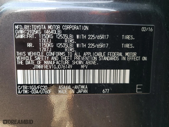 2016 Toyota RAV4 XLE with VIN JTMRFREV1GJ076149, listed as a Copart auction lot 50938145 with 103,666 mi miles and Salvage Title. Bid and sale history available at carsss.com. Image 15.