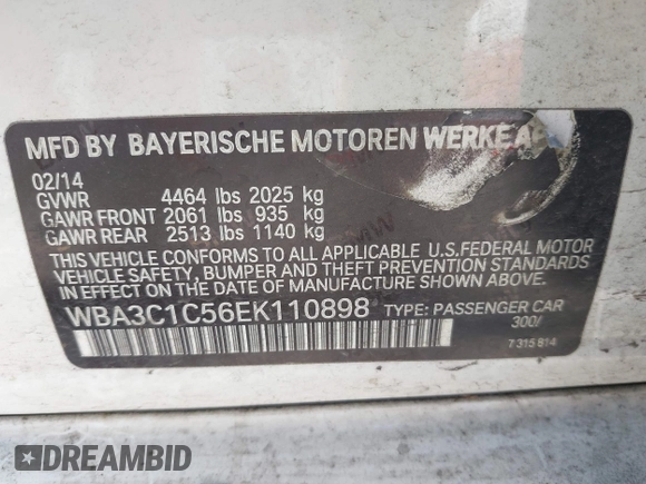 2014 BMW 3 Series 328i with VIN WBA3C1C56EK110898, listed as a IAAI auction lot 42207488 with Not provided miles and . Bid and sale history available at DreamBid. Image 9.