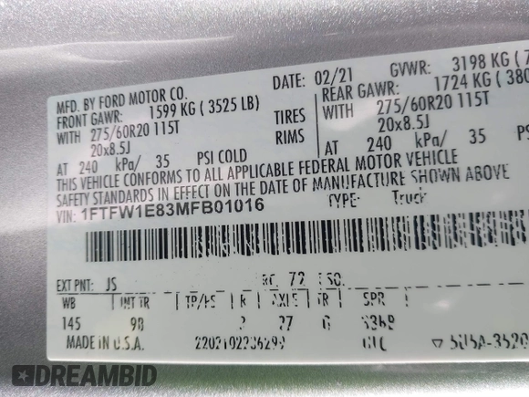 2021 Ford F-150 XL with VIN 1FTFW1E83MFB01016, listed as a IAAI auction lot 41324116 with 94,951 mi miles and . Bid and sale history available at DreamBid. Image 9.