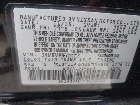 2015 Nissan Sentra S with VIN 3N1AB7AP7FY221213, listed as a IAAI auction lot 41467786 with 104,116 mi miles. Bid and sale history available at carsss.com. Image 9.