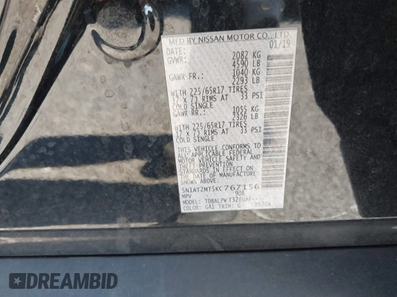 2019 Nissan Rogue SV with VIN 5N1AT2MT5KC767156, listed as a IAAI auction lot 41673909 with Not Provided miles and . Bid and sale history available at DreamBid. Image 9.
