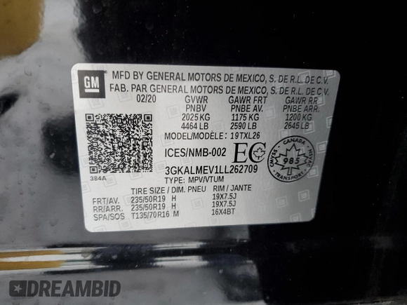 2020 GMC Terrain SLE with VIN 3GKALMEV1LL262709, listed as a Copart auction lot 86081414 with 125,446 mi miles and Clean Title. Bid and sale history available at DreamBid. Image 13.