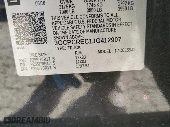 2018 Chevrolet Silverado 1500 LT with VIN 3GCPCREC1JG412907, listed as a Copart auction lot 51138915 with 72,063 mi miles and Salvage Title. Bid and sale history available at DreamBid. Image 12.
