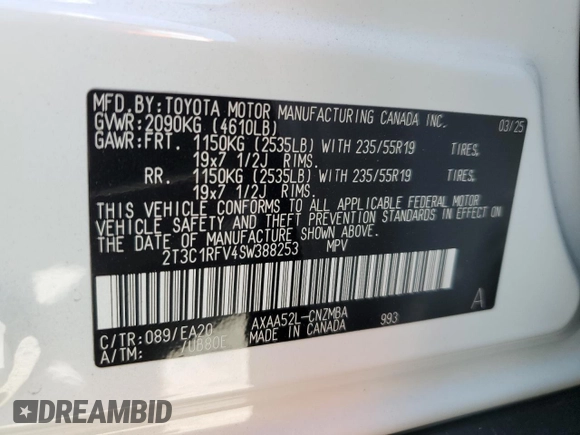 2025 Toyota RAV4 XLE Premium with VIN 2T3C1RFV4SW388253, listed as a Copart auction lot 57723695 with 1,137 mi miles and Salvage title. Bid and sale history available at DreamBid. Image 13.
