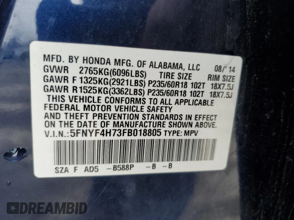 2015 Honda Pilot EX-L z VIN 5FNYF4H73FB018805, wystawiony jako Copart lot #48976325 z przebiegiem 148 366 mil mil oraz Szkoda całkowita • Salvage title. Historia ofert i sprzedaży dostępna na DreamBid. Obrazek 16.