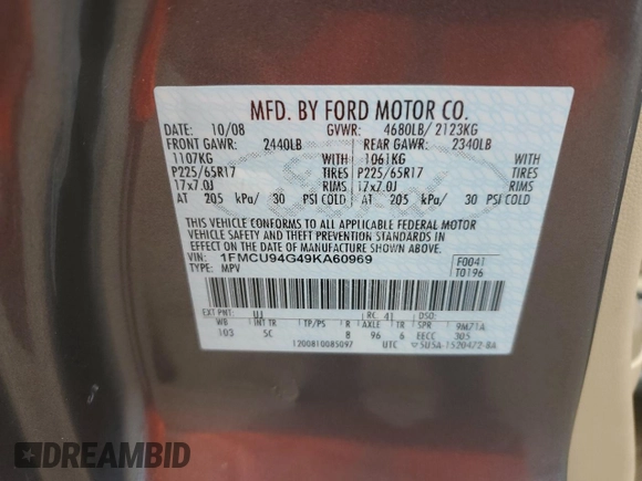 2009 Ford Escape Limited with VIN 1FMCU94G49KA60969, listed as a Copart auction lot 62239045 with 109,959 mi miles and Clean title. Bid and sale history available at DreamBid. Image 13.
