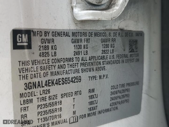 2014 Chevrolet Captiva Sport Fleet LTZ with VIN 3GNAL4EK4ES654259, listed as a Copart auction lot 44012065 with 173,976 mi miles and Clean Title. Bid and sale history available at carsss.com. Image 15.