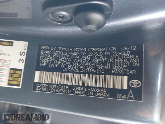 2012 Toyota Prius Two with VIN JTDZN3EU2C3184513, listed as a IAAI auction lot 41799295 with 286,858 mi miles and . Bid and sale history available at DreamBid. Image 9.
