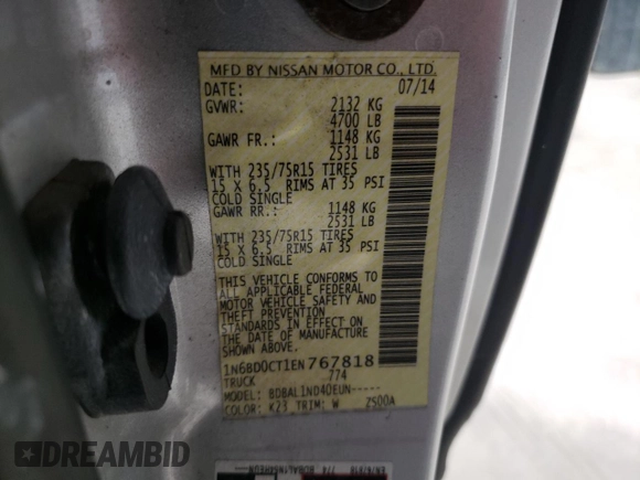 2014 Nissan Frontier S with VIN 1N6BD0CT1EN767818, listed as a Copart auction lot 45705355 with 67,277 mi miles and Salvage title. Bid and sale history available at DreamBid. Image 14.