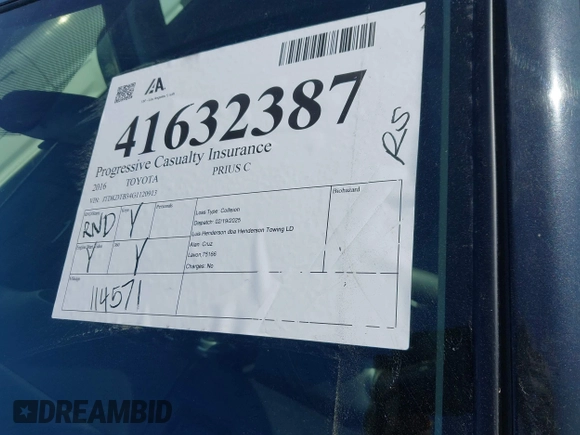 2016 Toyota Prius One with VIN JTDKDTB34G1120913, listed as a IAAI auction lot 41632387 with 114,571 mi miles and . Bid and sale history available at DreamBid. Image 17.