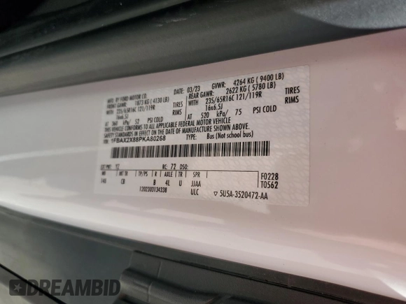 2023 Ford Transit Passenger XL with VIN 1FBAX2X88PKA80268, listed as a Copart auction lot 48070675 with 73,033 mi miles and Clean Title. Bid and sale history available at DreamBid. Image 13.