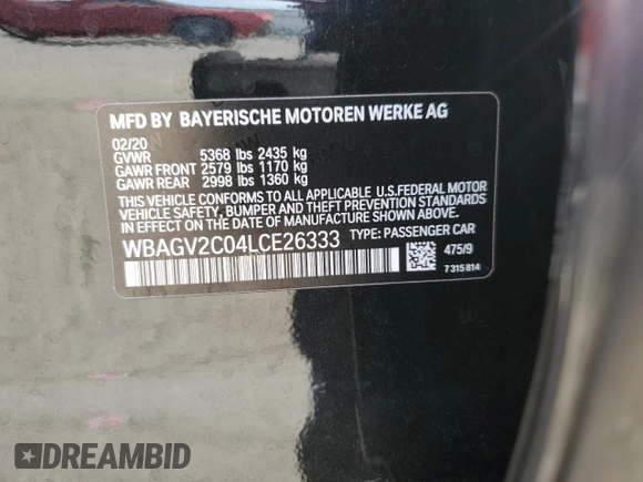 2020 BMW 8 Series 840i with VIN WBAGV2C04LCE26333, listed as a Copart auction lot 66553854 with 54,301 mi miles and Salvage Title. Bid and sale history available at DreamBid. Image 14.