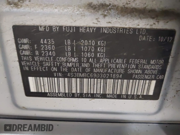 2013 Subaru Legacy Premium with VIN 4S3BMBC69D3021894, listed as a IAAI auction lot 41844329 with 194,297 mi miles and . Bid and sale history available at DreamBid. Image 9.