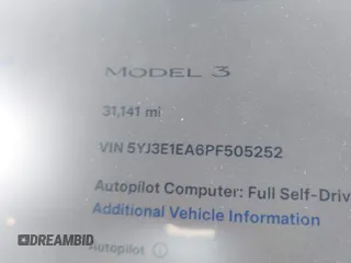 2023 Tesla Model 3 with VIN 5YJ3E1EA6PF505252, listed as a IAAI auction lot 41380172 with 31,141 mi miles and . Bid and sale history available at DreamBid. Image 7.
