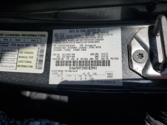 2017 Ford Fusion SE with VIN 3FA6P0H72HR182941, listed as a Copart auction lot 52711455 with 189,956 mi miles and Salvage Title. Bid and sale history available at DreamBid. Image 12.