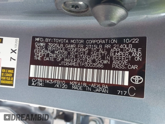 2023 Toyota Corolla LE with VIN JTDB4MEE1P3003586, listed as a IAAI auction lot 41944898 with 49,236 mi miles and . Bid and sale history available at DreamBid. Image 9.
