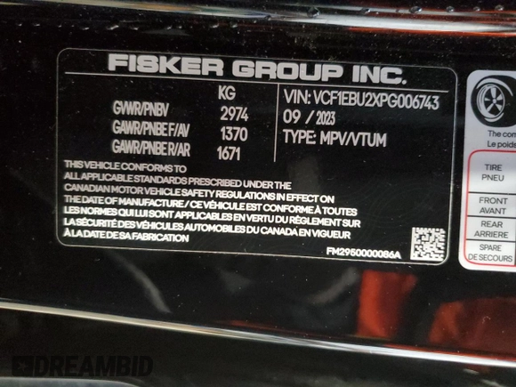 2023 Fisker Ocean Extreme z VIN VCF1EBU2XPG006743, wystawiony jako Copart lot #41668795 z przebiegiem Nie podano mil oraz Szkoda całkowita • Salvage title. Historia ofert i sprzedaży dostępna na DreamBid. Obrazek 14.