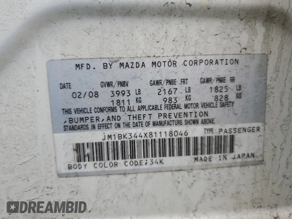 2008 Mazda 3 s GT *Ltd Avail* with VIN JM1BK344X81118046, listed as a Copart auction lot 53724745 with 140,018 mi miles and Salvage Title. Bid and sale history available at carsss.com. Image 12.