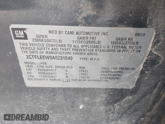 2010 GMC Terrain SLE-2 with VIN 2CTFLEEW8A6231849, listed as a IAAI auction lot 42544149 with 138,404 mi miles and . Bid and sale history available at DreamBid. Image 9.
