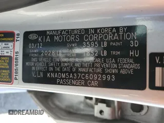 2012 Kia Rio LX with VIN KNADM5A37C6092993, listed as a Copart auction lot 48458034 with 108,314 mi miles and Salvage Title. Bid and sale history available at DreamBid. Image 12.