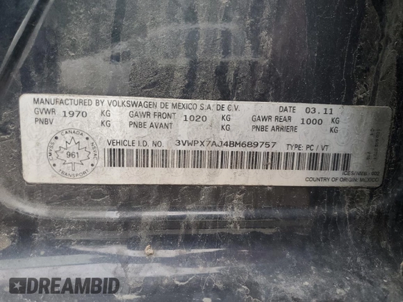 2011 Volkswagen Jetta SE with VIN 3VWPX7AJ4BM689757, listed as a Copart auction lot 59782905 with 264,847 mi miles and Clean title. Bid and sale history available at DreamBid. Image 13.