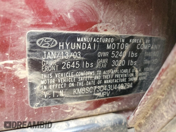 2003 Hyundai Santa Fe GLS with VIN KM8SC73D43U449794, listed as a Copart auction lot 43628875 with 0 mi miles and Salvage Title. Bid and sale history available at carsss.com. Image 13.