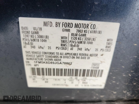 2018 Ford Explorer XLT with VIN 1FM5K8D89JGA78862, listed as a Copart auction lot 59912235 with 132,897 mi miles and Salvage title. Bid and sale history available at DreamBid. Image 13.
