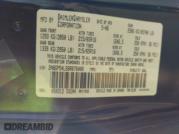 2006 Chrysler Town & Country Touring with VIN 2A8GP54L66R876008, listed as a IAAI auction lot 42496347 with 211,063 mi miles and . Bid and sale history available at DreamBid. Image 9.