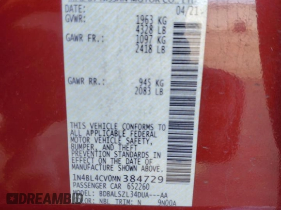 2021 Nissan Altima 2.5 SR with VIN 1N4BL4CV0MN384729, listed as a Copart auction lot 48199645 with 115,945 mi miles and Salvage Title. Bid and sale history available at carsss.com. Image 12.