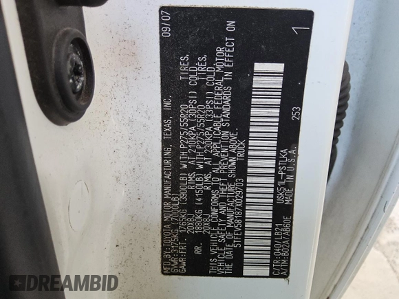 2007 Toyota Tundra Limited z VIN 5TFEV58187X029703, wystawiony jako Copart lot #55280475 z przebiegiem 171 480 mil mil oraz Czysty tytuł • Clean title. Historia ofert i sprzedaży dostępna na DreamBid. Obrazek 12.