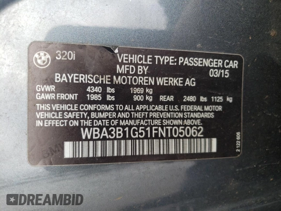 2015 BMW 3 Series 320i with VIN WBA3B1G51FNT05062, listed as a Copart auction lot 45186205 with 74,388 mi miles and Salvage Title. Bid and sale history available at carsss.com. Image 14.